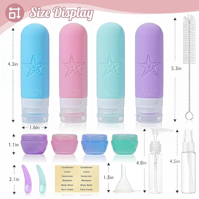 18 Pack Travel Bottles for Toiletries - TSA Approved, Triple Leak Proof Silicone Set, 3oz Refillable Travel Essentials Kit for Shampoo, Conditioner, Lotion & More, Pink, BPA Free