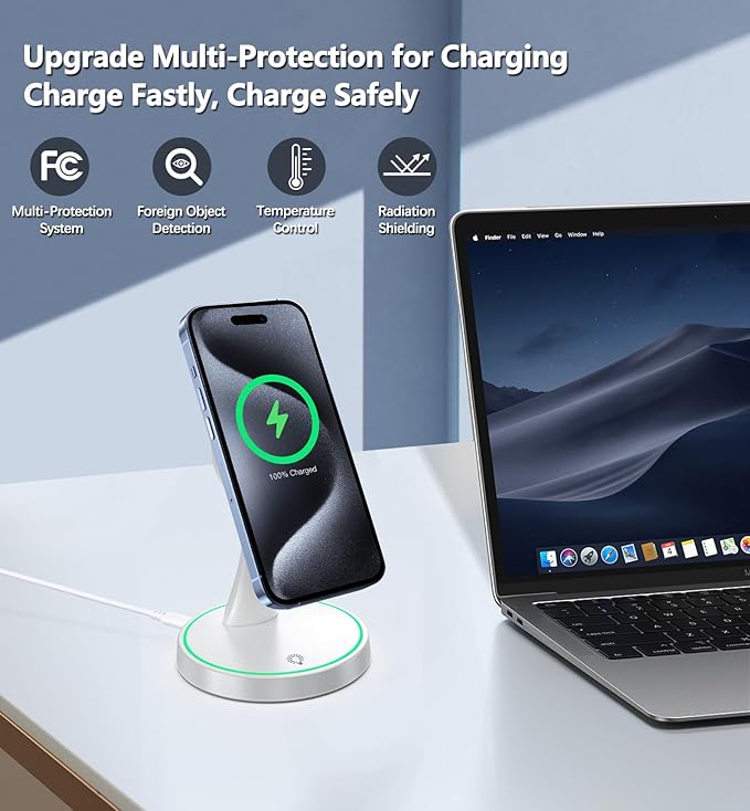 2 Pack Magnetic Wireless Charger Stand 15W Fast Mag-Safe Charger for iPhone iPhone 17 /17 pro/ 17 Air/ 17 pro max 16/15/14/13/12 Series Magnet Wireless Charging Station with Light for AirPods