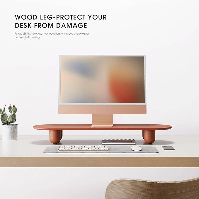 Fenge Monitor Riser, 34 Inch Dual Monitor Stand for Large Monitors, Desk Organizer with Wooden Shelf & Solid Wood Legs, Computer Stand for Laptop, TV, PC, Printer, Red