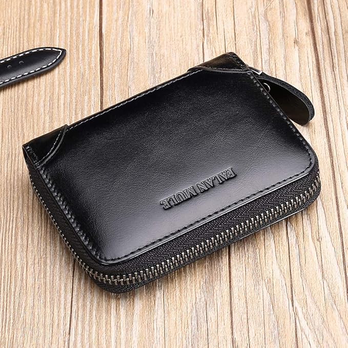FALAN MULE Wallets For Men Genuine Leather Short RFID Blocking Zip-around Bifold Wallet（Black）