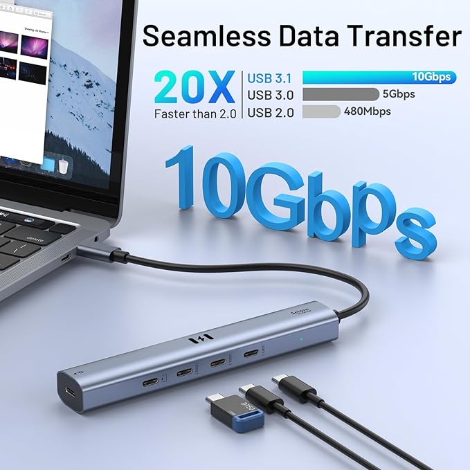 10Gbps USB C Hub with 4K@60Hz Video Display, Selore 5 Ports USB-C Splitter, C Port Data Transfer, 100W PD-in Charging, Dongle Multiport Adapter for MacBook Pro, iPad, Dell, HP, and More