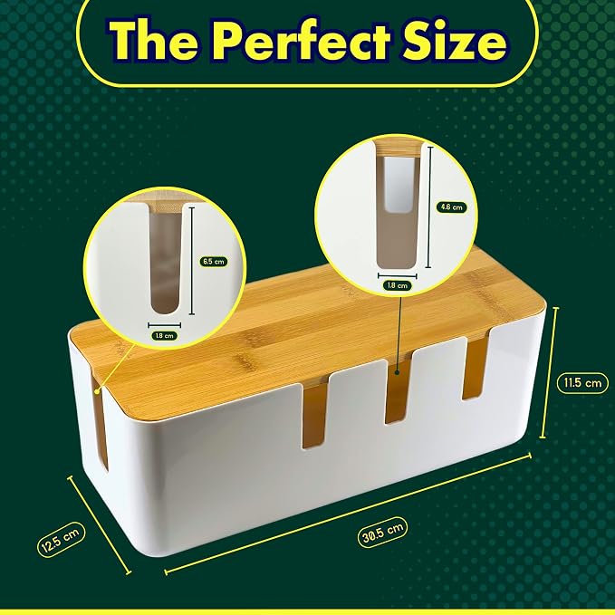 Cable Management Box, 7 Holes, 12x5x4.5 inches, Wooden Lid Cable Organizer Box for Desk to Hide Power Strips, Tv Wires, ABS Material Cord Cover