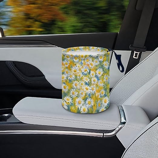 White Daisy Car Garbage Trash Can Foldable Waste Basket Container Bag Bin Portable Cup Holder Organizer with Strap Universal Car Interior Accessories for Fit Most Cars, SUVs, Trucks