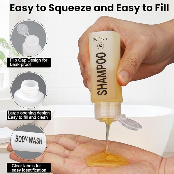 Travel Bottles for Toiletries 14PCS 3.4oz Pre-Printed Shampoo, Conditioner, Body Wash, Wide Mouth Containers TSA Approved 2oz Travel Spray Bottle Leak Proof 0.35oz Plastic Cream Jars(White)