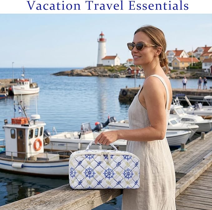 Nautical Travel Makeup Bags for Women Cruise Ship Sailing Trip Essentials Large Lay Flat Quilted Cosmetic Pouch Make Up Brush Organizer, Birthday Gifts for Mom Mothers Day Teacher Nurse Blue Anchor