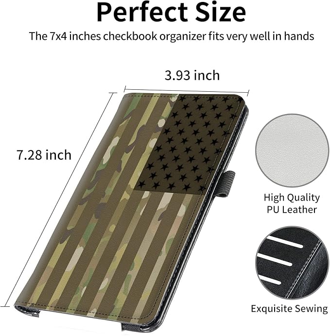 FUYOCWE Leather Checkbook Covers for Men Women Check book Holder Cover Wallets for Personal Checkbook Duplicate Checks with RFID Blocking & Elastic Strap-USA Flag Camouflage