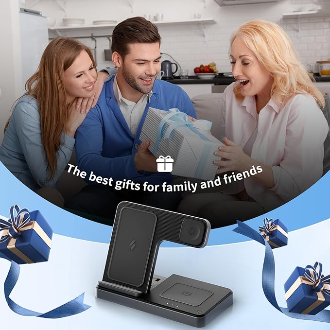 Wireless Charging Station for Apple Devices: 3 in 1 Foldable Qi Compact Case-Friendly Charger Stand for iPhone 17-12 & Apple Watch & AirPods Charging Dock for Travel Home Office Desk Nightstand(Blcak)