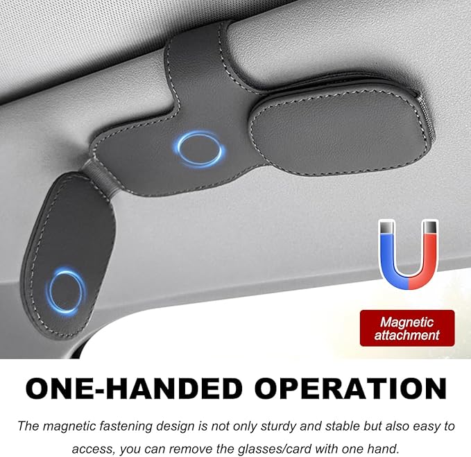 DXNQ Sunglass Holder for Car Sun Visor, Leather Magnetic Eyeglass Holder Mount Clip for Visor, Universal Eyeglasses Hanger and Ticket Card Clip for Vehicle Visor, Car Accessories (Black+Double Clip)