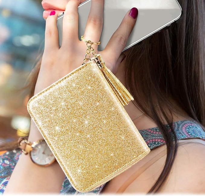 Coco Rossi Women's Small Credit Card Wallet RFID Cute Glitter Card Holder for Women, Gold