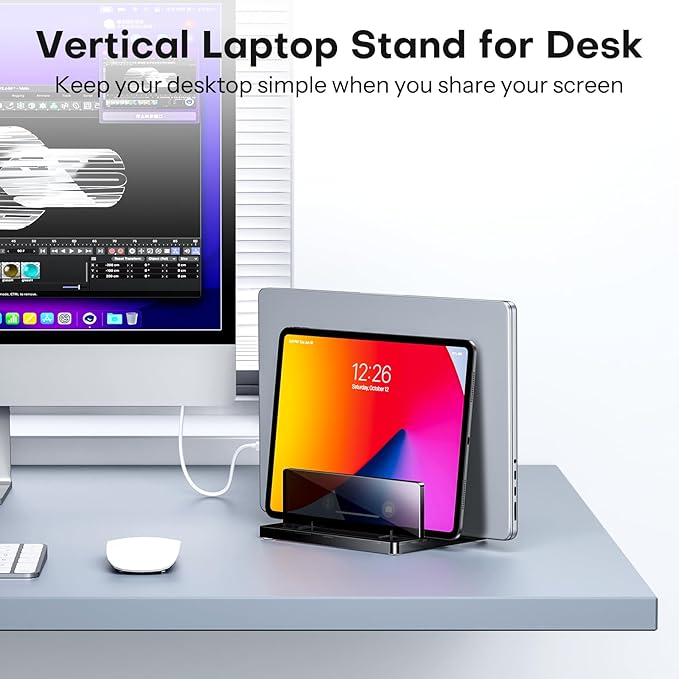 OMOTON Vertical Laptop Stand for Desk, Acrylic Laptop Holder Desktop Clear Adjustable Dock for MacBook Pro Air, HP, All Gaming Laptops up to 17” (Black, Dual Slot)