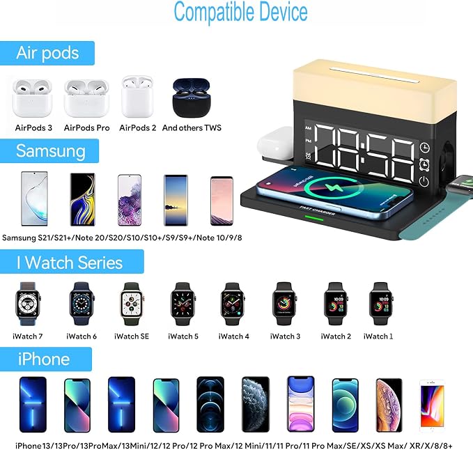 AYI Multifunctional Wireless Charging Station with Alarm Clock, 15W Fast Charger for Phones Watches Earbuds Qi-Certified, Stand with 7 RGB Night Light Modes - N65 White.