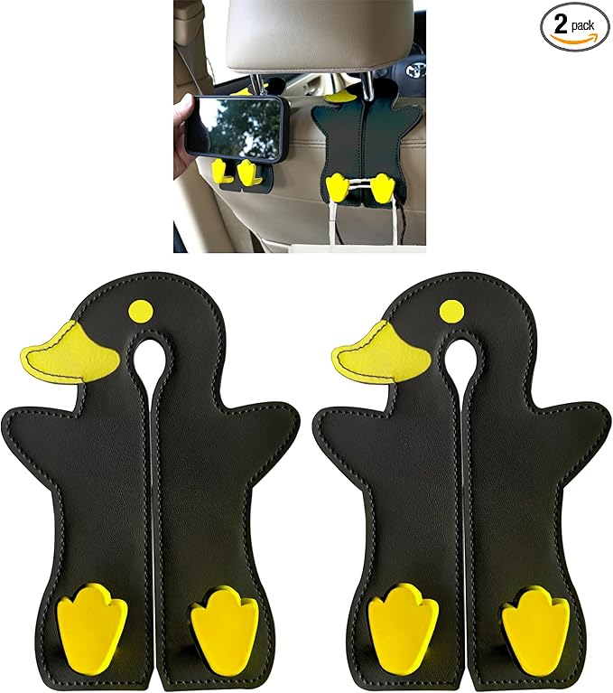 Leather Car Seat Back Hooks - Double Hook Headrest Hanger for Purse, Bags, Groceries & Phone Holder - Universal Fit for Car, SUV, Truck - Heavy Duty Metal & Premium Leather Organizer