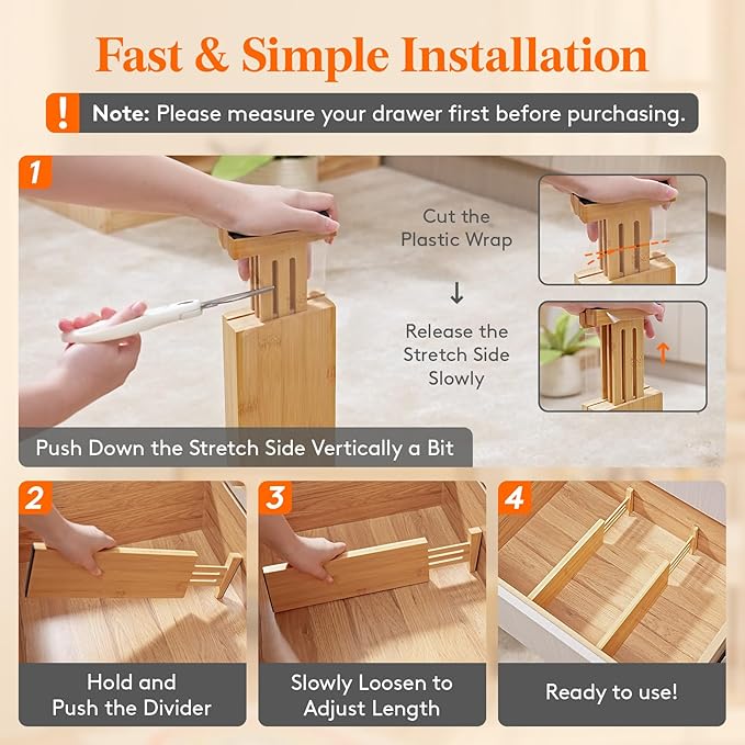 Lifewit 4" High 5 Pack Bamboo Drawer Dividers 31-40cm/12-16 Adjustable Wooden Drawer Organizer for Clothes/Utensils, Expandable Drawer Separator for Dresser/Kitchen/Bedroom/Office Organization