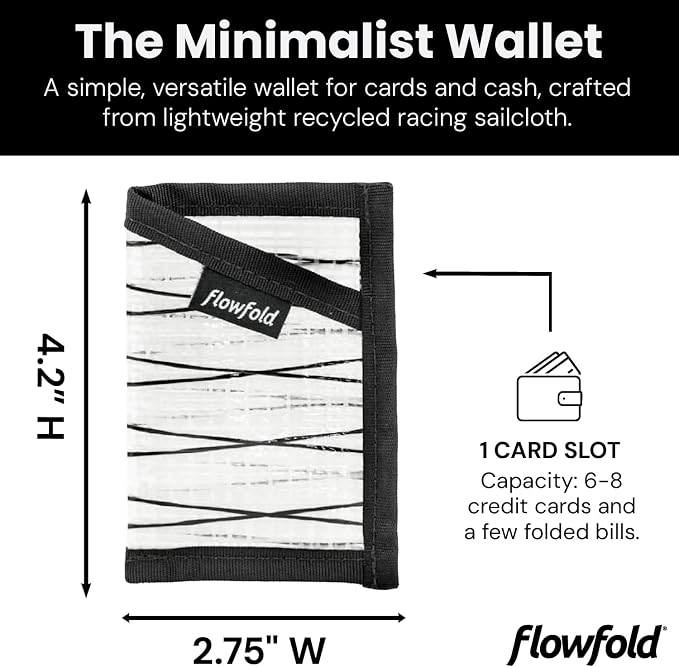 Flowfold Recycled Sailcloth Minimalist Card Holder Wallet | Slim and Durable with Cash pocket and Credit Card Slot | Minimalist Wallet Made in USA Holds 6-8 Cards