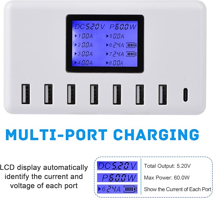60W 12A 8-Port USB Charging Station - Multi Port USB Hub Charger with LCD Display - Compatible with iPhone, iPad, Samsung, Kindle, Tablet, Bluetooth Earbuds and More