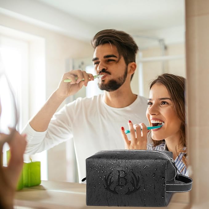 Personalized Gifts Travel Toiletry Bag for Men Engraved Initial PU Leather Waterproof Shaving Bag for Toiletries Accessories Fathers Day Birthday Gift for Men Dad Husband Son, Black Q