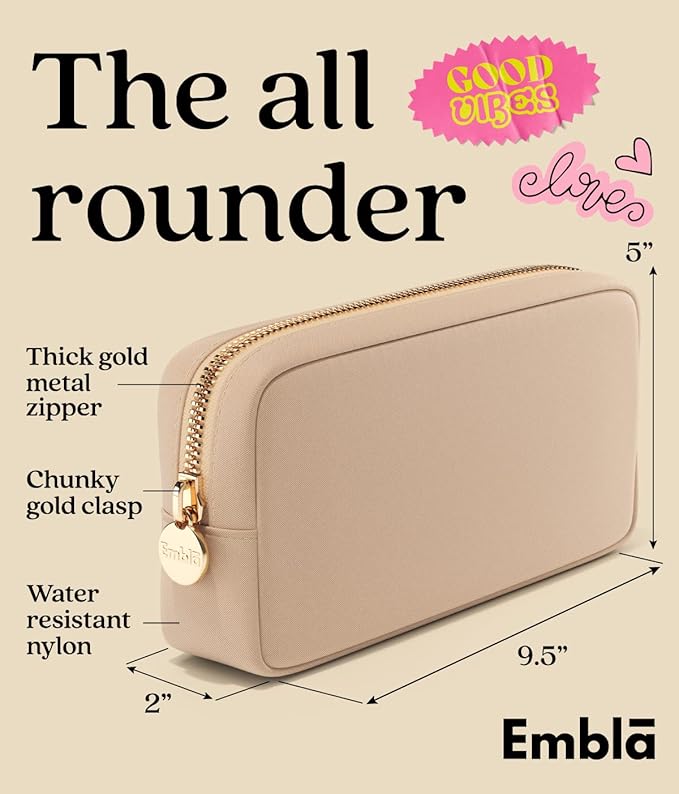 Embla Medium Travel Makeup Bag and Waterproof Nylon Travel Toiletry Bag with Smooth Zipper, Compact Slim Cosmetic Pouch, Beige