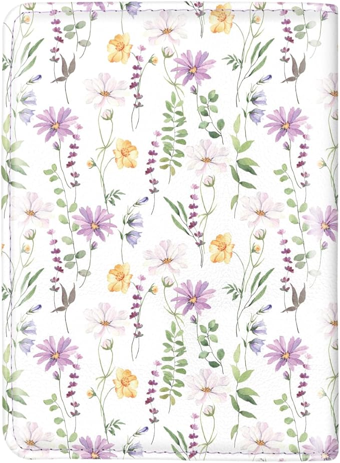 Passport Holder Cover, RFID Travel Wallet Credit Card Holder Green Cute Floral Passport Book Holders for Women with Elastic Band and Golden Metal Decoration, White Daisy