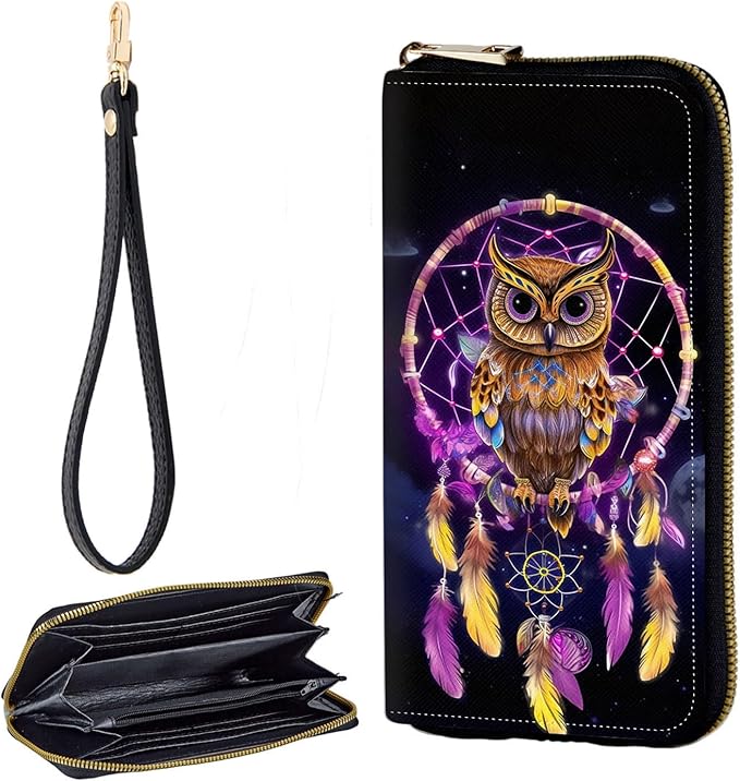 Zip Around Wallets for Women with Detachable Wrist Strap, Large Capacity RFID Blocking Leather Purse Organizer Card Holder Wristlet,Owl Dream Catcher