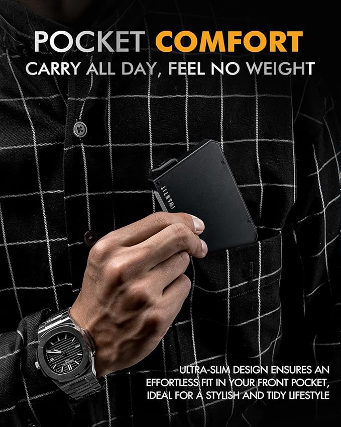 iwantit Pop Up Wallet for Men, Slim Minimalist Credit Card Holder with Money Clip - Man Metal Aluminum Wallet RFID Blocking, Smart Tactical Wallet for Men, Gift for Men (Black)