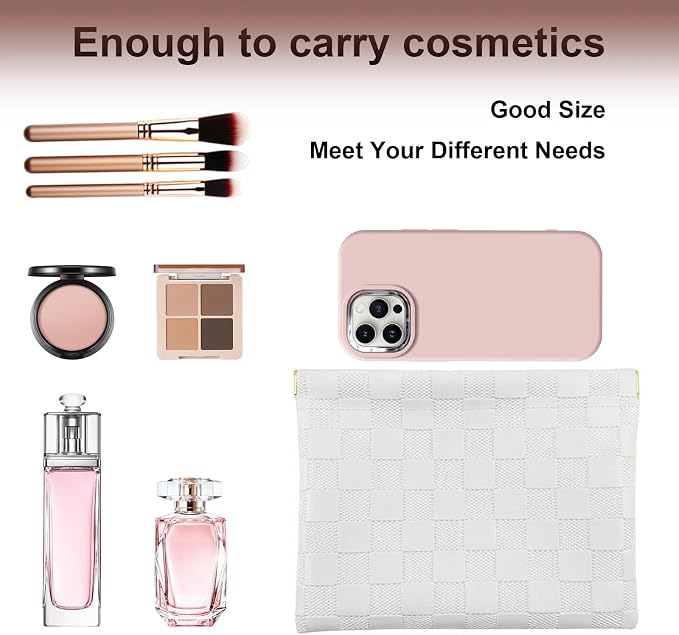 3Pcs Small Makeup Bag for Purse, Waterproof Portable Checkered Leather Makeup Pouch, Small Purse Pouches for Purse Small Coin Purse Organizer Pouches Snap Closure Pocket Cosmetic Bag for Women (White)