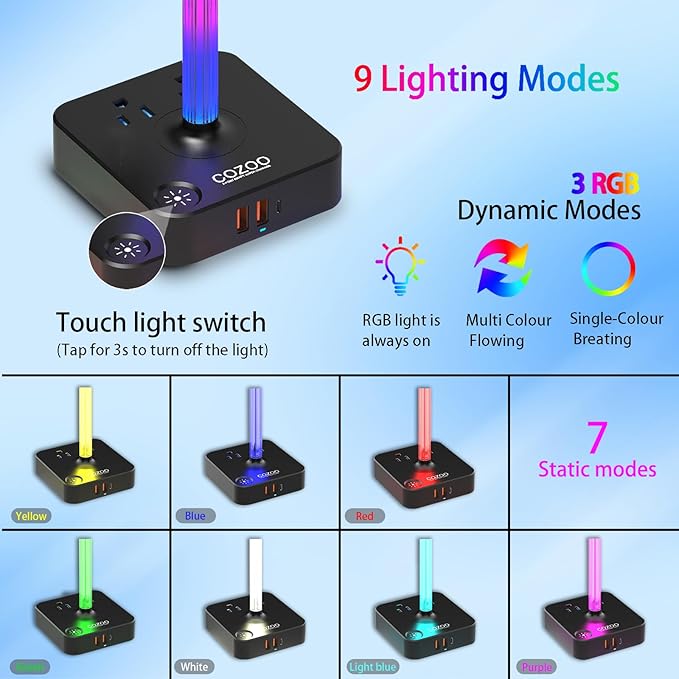RGB Headphone Stand with USB Charger COZOO Desktop Gaming Headset Holder Hanger with 3 USB Charger and 2 Outlets - Great for Gaming, DJ, Wireless Earphone Display,Gamer PC Accessories Boyfriend Gifts