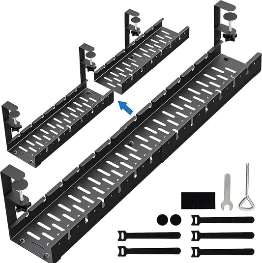 No Drilling Extendable Under Desk Cable Management, Metal Cable Management Tray Under Desk with Clamp, Retractable Power Strip Cord Holder for Wire Management 31Inch (2 Pack Extendable 31')