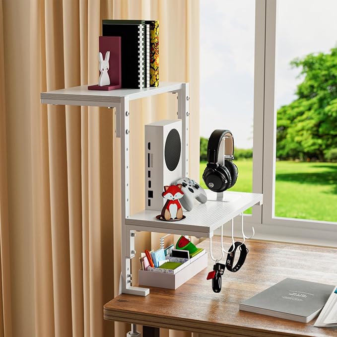 2-Tier Clamp On Desk Shelf, Clamp on Desk Shelf, 13 inch Adjustable Above or Under Wood Desk Storage Shelves, Heavy Duty Desktop Organizer for Working and Gaming Accessories, White