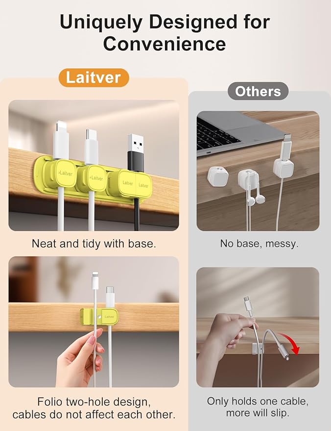 6 Pack Magnetic Cable Clips [1s Open/Lock], Laitver Cord Organizer Holder Strong Adhesive Desk Cable Management- Organize Charging Cords Neatly for Home, Office, Car,Desk, Nightstand-Emerald Green