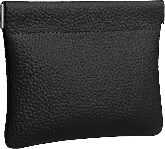 Genuine Leather Squeeze Coin Purse Pouch Change Holder For Men & Women Mini Change Purse Pouch for Pocket, Small Pouch Credit Card Key Headset Lipstick Holder (Black)
