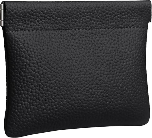Genuine Leather Squeeze Coin Purse Pouch Change Holder For Men & Women Mini Change Purse Pouch for Pocket, Small Pouch Credit Card Key Headset Lipstick Holder (Black)