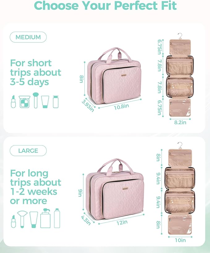 BALULHG Travel Hanging Toiletry Bag for Women, Water-Resistant Cosmetic Organizer with 4 Compartments & 360° Swivel Hook, TSA-Approved Makeup Bag for Shampoo, Full Sized Container, Toiletries (Pink)