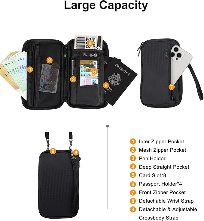 GOX Passport Holder for Travel Family RFID Neck Wallet for Traveling Women Travel Pouch for Passport and Documents with RFID Waterproof Zipper Passport Case (Black)