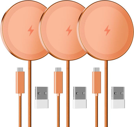 15W Wireless Charger for Apple MagSafe Charger, Magnetic Fast Charging Pad | Compatible for iPhone 17 16 15 14 13 12 Pro Max, AirPods-Slim Portable for Desk Bedside and Travel - 3 Pack, Orange