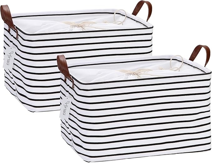 Hinwo 31L Large Storage Bins, 2-Pack Closet Organizers and Storage, Foldable Clothes Storage Baskets with Handles, Containers for Clothing, Blanket, Towels, Toys, Bedding (Black Stripe)