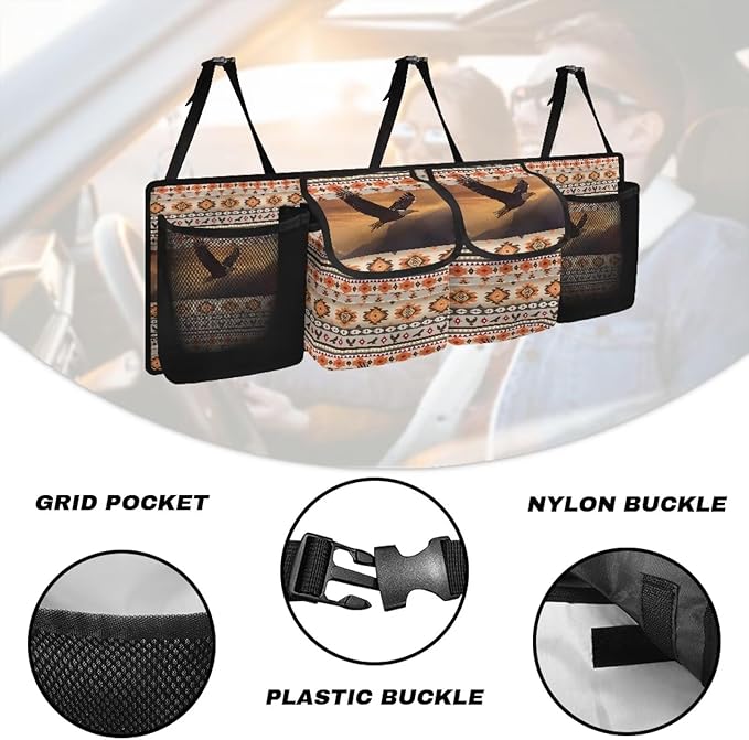 Aztec Tribe Back Seat Trunk Organizer,Eagle Space Saving Car Trunk Storage Organizer with Lid Keep your Trunk Clean and Tidy 4 Large Pockets for Kids,Travel Essentials