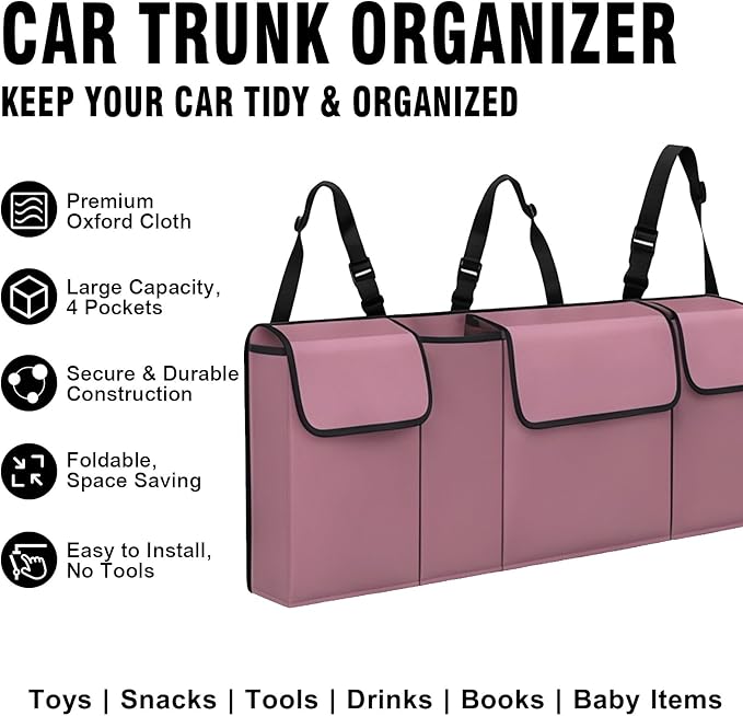 Car Trunk Organizer – Backseat Hanging Large Storage Bag with Adjustable Straps, Waterproof Collapsible Cargo Organizer with 4 Pockets, Space-Saving Trunk Storage for SUV Truck MPV (Pink)