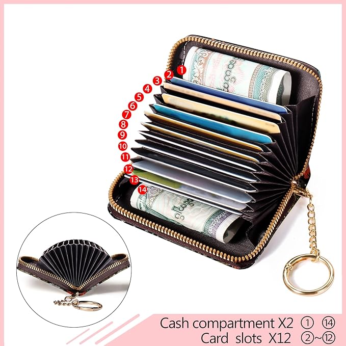 Blusabaca RFID Credit Card Holder Wallets for Women, Small Card Case Wallet with Keychain and Zipper, Mushrooms Leather Card Holder Pocket Business Card Accordion Wallet
