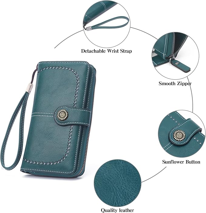 RNIEGA Womens Wallet Leather Billfold RFID Blocking Credit Card Holder Wristlet Wallets for Women Ladies Purses with Zipper Coin Pocket