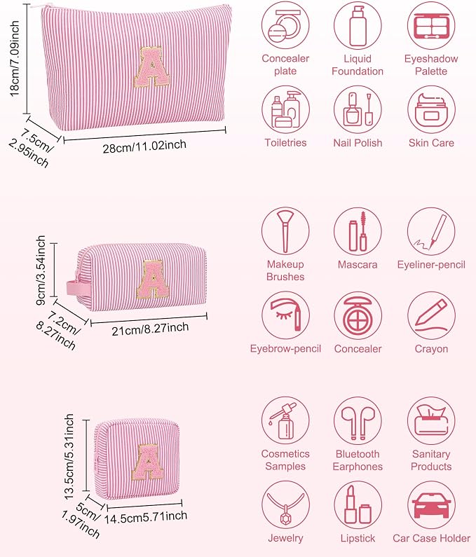 MONSTINA Personalized Initial Makeup Case for Women,Make Up Case for Girlfriend Bridesmaid Wife,Birthday Gift for Her Cute Toiletry Bag,3PCS,Pink L