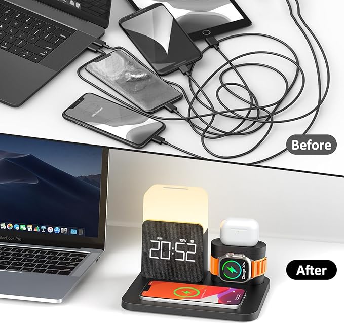 7 in 1 Charging Station for iPhone, Wireless Charging Station, Alarm Clock, Night Light, Wireless Charger for iPhone 17 16 15 14 13 12 Pro Max & Apple Watch - Charging Stand Dock for AirPods(Black)