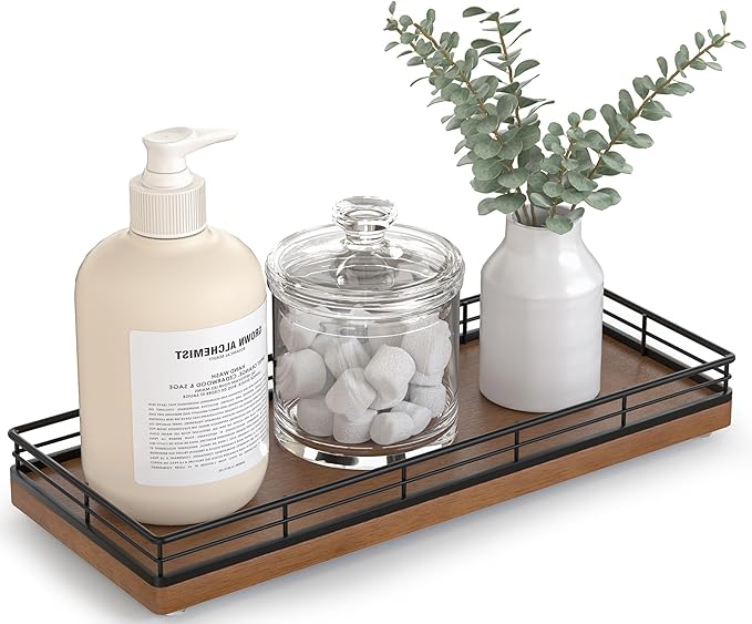 Bathroom Tray for Counter Top Organizer – Oak Wood Vanity Tray with Metal Frame for Dresser, Kitchen, Nightstand – Black & Brown Decorative Storage