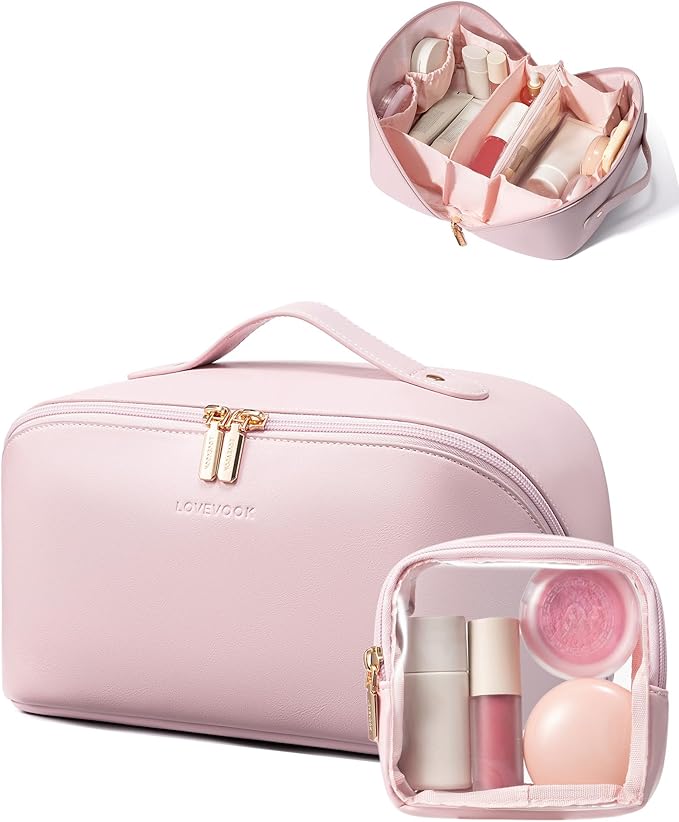 LOVEVOOK Travel Makeup Bag for Women, 2Pcs Large Capacity Cosmetic Organizer Bag, Waterproof PU Leather, Flat Open Portable Small Toiletry Pouch for Skincare, Brushes & Travel Essentials