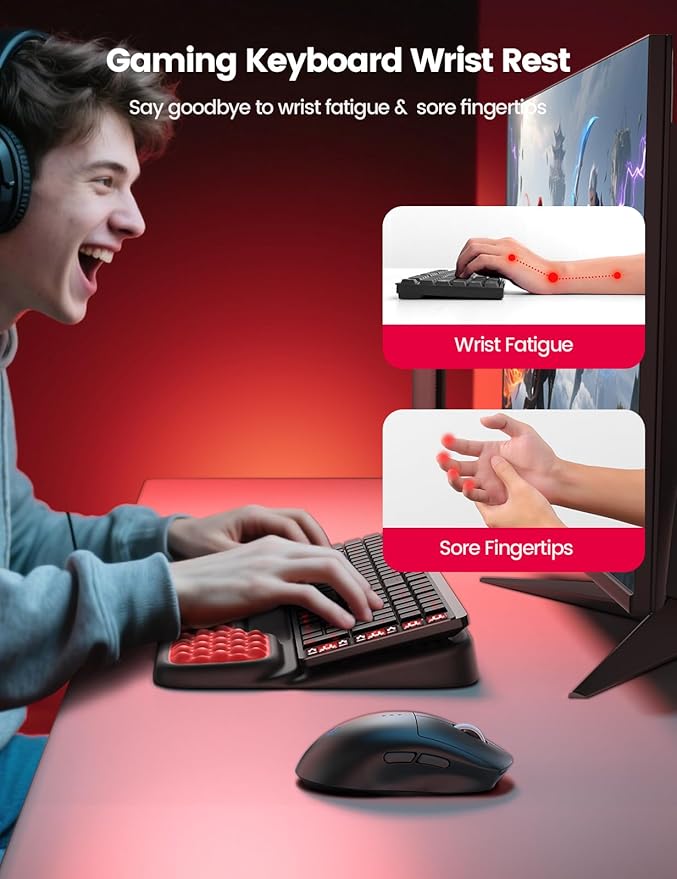 Vaydeer Keyboard Stand with Wrist Rest, Gaming Wrist Support Pad, Ergonomic Hand Rest Arm Soft Memory Foam for Palm Typing Comfort, Keyboard Riser Holder Lifter Computer Desk Accessory Office Home-Red