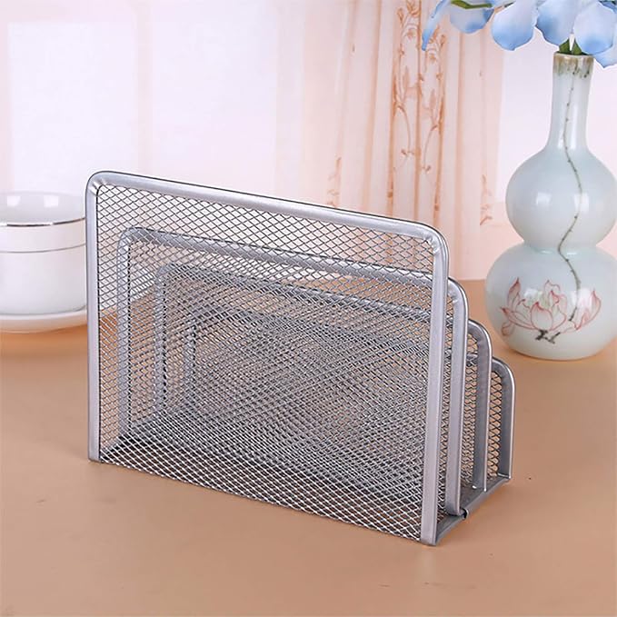 VANRA Small Letter Sorter Desktop Envelopes Holder Organizer Metal Mesh with 3 Vertical Upright Compartments (Silver)