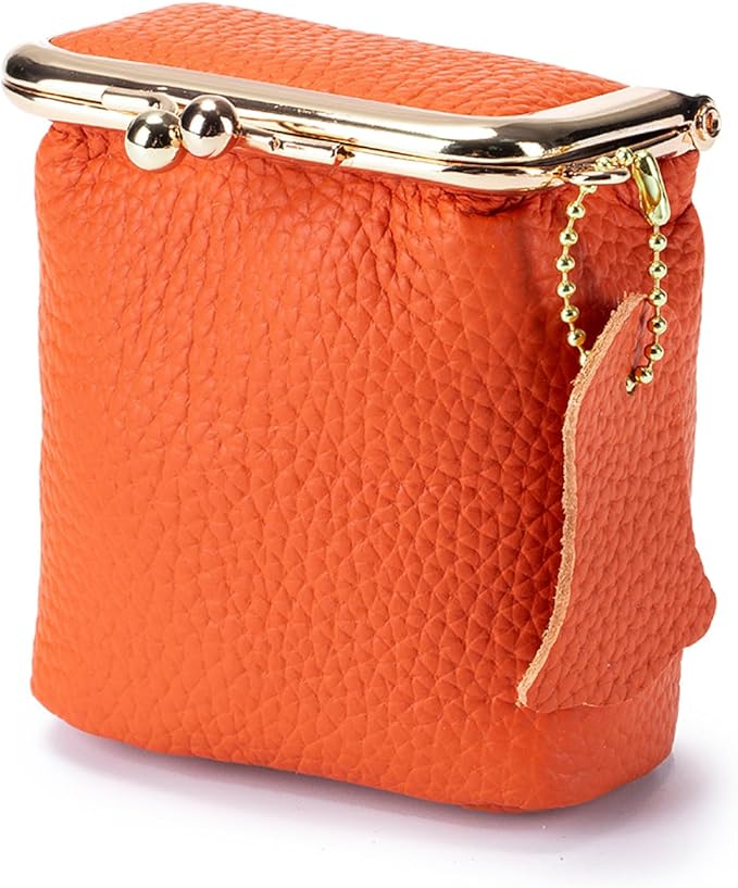 Litchi Leather Coin Purse for Women, Portable Vintage Wallet Mini Lipstick Holder Fashion Solid Color Kiss Lock Key Storage Square Pouch (Orange)