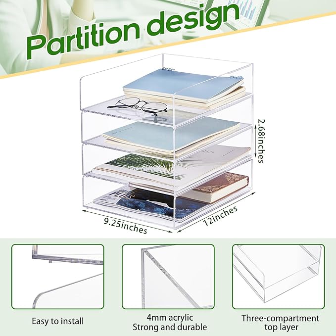 Harloon 4 Tier Paper Organizer Letter Tray Acrylic Desk File Organizer Stackable Documents Letter Clear Paper Holder Sorter Office Tray for A4, Modern Office Classroom Home File Pad Books Notes