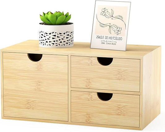 Wisuce Desk Organizer with Drawers - Bamboo Desktop Organizer Storage | White-Natural Wood Desk Drawers Organizer for Bills, Office Supplies, Cosmetics, Seals No Assembly Required(3 drawers edge-free)