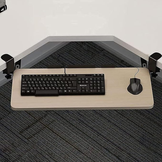 QQXX Swivel Keyboard Tray Under Desk with C Clamp,Adjustable Slide Out Computer Keyboard Stand, Ergonomic Keyboard Shelf for Home or Office, No Screw into Desk(65x25cm(25.6x9.8), Oak)