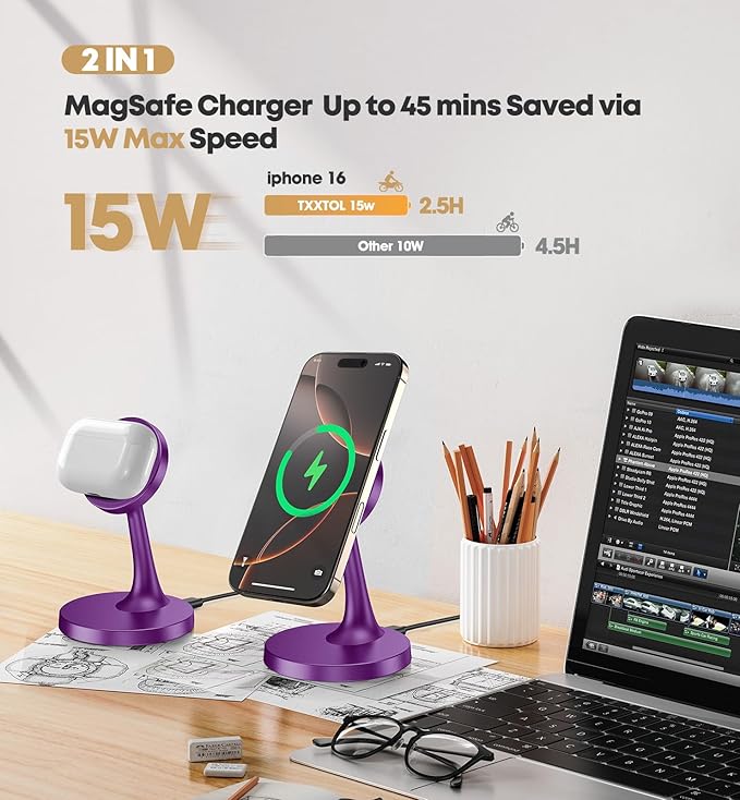Magnetic Wireless Charger iPhone Stand, 15W Fast Mag-Safe Charger iPhone 17/17 Air/17 Pro/17 Pro Max 16/15/14/13/12 Series Magnet Wireless Charging Station/Pad/AirPods for Home, Office, Travel
